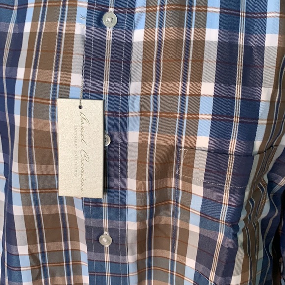 DANIEL CREMIEUX NWT MEN’S BLUE WHITE BROWN PLAID LONG SLEEVE BUTTON FRONT LARGE - Picture 2 of 6